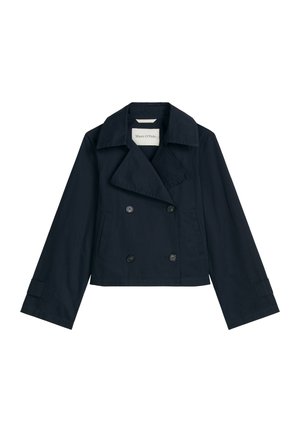 Navy blue cropped double-breasted jacket with wide lapels, buttoned cuffs, and front side pockets, labeled Marc O'Polo.
