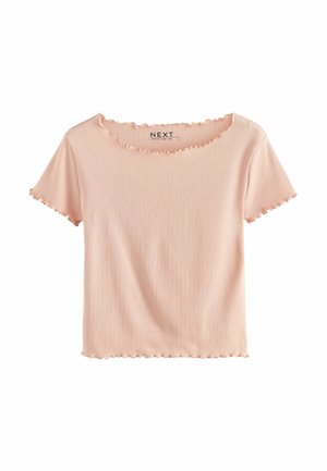 Lyse ferskenfarvet ribstrikket t-shirt med korte ærmer. Har en bølget halsudskæring og ærmekanter. Fremstillet af elastisk stof.