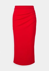 Roter Bleistiftrock aus glattem Stoff, mit hoher Taille und drapiertem Detail an der Seite für eine figurbetonte Silhouette.