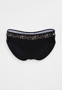 Schwarze Bikini-Unterteile mit einem Taillenbund im Leopardenmuster. Verfügt über glattes Material und ein Design mit vollem Schutz. Der Taillenbund hat ein Akzentmuster.