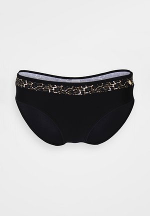 Schwarze Bikini-Unterteile mit einem Taillenbund im Leopardenmuster. Verfügt über glattes Material und ein Design mit vollem Schutz. Der Taillenbund hat ein Akzentmuster.