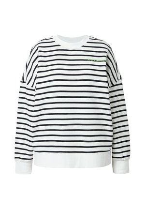 Gestreifter Sweatshirt mit schwarz-weißen Horizontalstreifen, Rundhals-Ausschnitt und minimalistisch grünem, gesticktem Text auf der Brust.