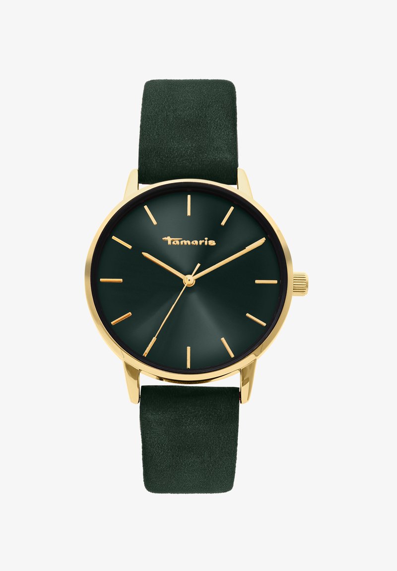 Runde grüne Uhr mit einem goldenen Gehäuse und goldenen Stundenmarkierungen. Verfügt über ein weiches grünes Wildlederarmband und ein minimalistisches Design.
