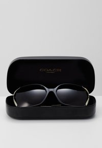 Occhiali da sole Black Coach con un design oversize elegante, lenti sfumate, dettagli in tono oro, custoditi in un astuccio rigido nero con interno in velluto.
