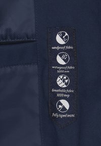 Marineblauw stoffen label met witte pictogrammen die winddicht, waterdicht (5000 mm), ademend (3000 mvp) en volledig getapete naden aangeven.