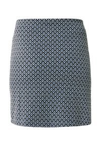 Jupe noire avec un motif géométrique bleu et blanc, tissu lisse, design ajusté, longueur mi-cuisse, sans fermetures ni accents visibles.