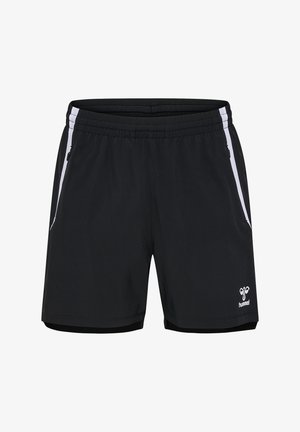 Pantalones cortos deportivos negros con una cintura elástica, franjas laterales blancas y bolsillos. Hechos de material ligero con un logo en el dobladillo.