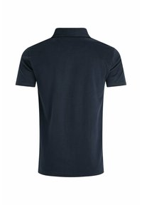 Navy polo shirt with a classic collar and short sleeves. Made from smooth cotton fabric, featuring a plain texture with no patterns.