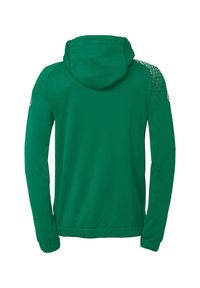 Grøn zip-hoodie med et struktureret skulderdesign, der har hætte, lange ærmer samt elastiske manchetter og kant.