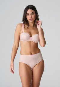 Light pink checkered bikini set with a balconette bra and high-waisted briefs; features floral accents on straps and center detail.
