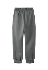 Grå joggebukser laget av mykt stoff, med elastisk midjebånd og mansjetter ved ankler for en tett passform. Ingen synlige lommer eller mønstre.