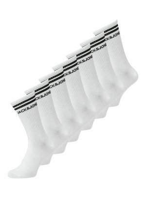 Sept chaussettes blanches à rayures noires avec le texte « JACK & S. JONES » près du haut, disposées en rangée décalée sur fond blanc.