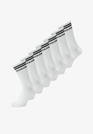 Sept chaussettes blanches à rayures noires avec le texte « JACK & S. JONES » près du haut, disposées en rangée décalée sur fond blanc.