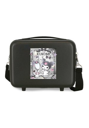 Bolso de hombro rígido negro con el personaje Kuromi y decoraciones de lazos, calaveras e ilustración de espejo en el panel frontal.