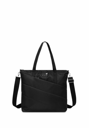 Schwarze Tragetasche aus strukturiertem Nylon mit diagonalen Falten, zwei oberen Griffen und einem abnehmbaren, verstellbaren Schulterriemen.
