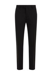 Černé kalhoty na míru s hladkou texturou, slim-fit střihem, plochým předním dílem a zapínáním na knoflík. Bez vzorů nebo viditelných kovových detailů.