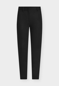 Μαύρο καλοραμμένο παντελόνι με επίπεδη πρόσοψη και θηλιές για ζώνη, με ομαλή υφή και ίσια γραμμή στο πόδι. Χωρίς ορατά διακοσμητικά στοιχεία.