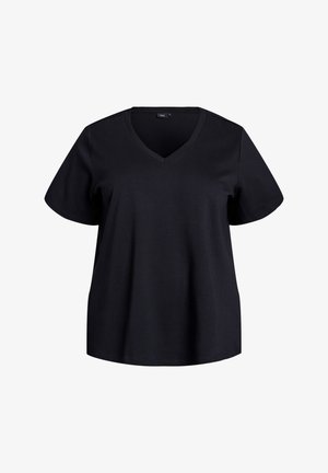 Must musta V-kaelusega T-särk, mis on valmistatud pehmest puuvillast. Lühikesed varrukad ja mugav lõige, sile, ühtlane tekstuur ja minimalistlik disain.