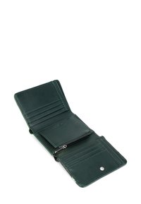 Dark green leather wallet, bi-fold design with several card slots, a zippered coin pocket, and visible stitching details.