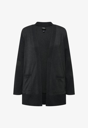 Donkergrijze cardigan met een losse pasvorm, open voorkant, geribde accenten en twee opgestikte zakken aan de voorkant. Gemaakt van zachte, gestructureerde breimaterialen.