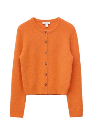 Cardigan arancione in lana a maniche lunghe con scollo rotondo e sei bottoni marroni sul davanti.