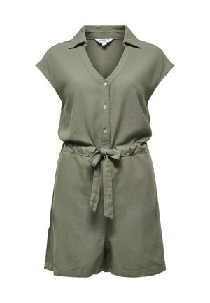 Ärmelloser, olivgrüner Overall mit Knöpfen, Kragen und einem Stoffgürtel, der in der Taille gebunden ist, mit Shorts und V-Ausschnitt.