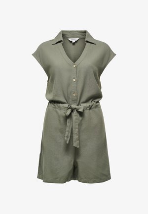Ujjatlan olivazöld gombos overall gallérral és anyagból készült derékövvel, rövidnadrággal és V-nyakkivágással.