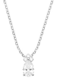 Sølvkæde med vedhæng i form af en tårdrop af klart materiale med fire små runde accenter over. Designet er delikat og minimalistisk.