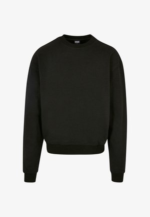 Black crewneck sweatshirt made of cotton-blend fabric, featuring long sleeves and ribbed cuffs and hem. Simple, solid color design.