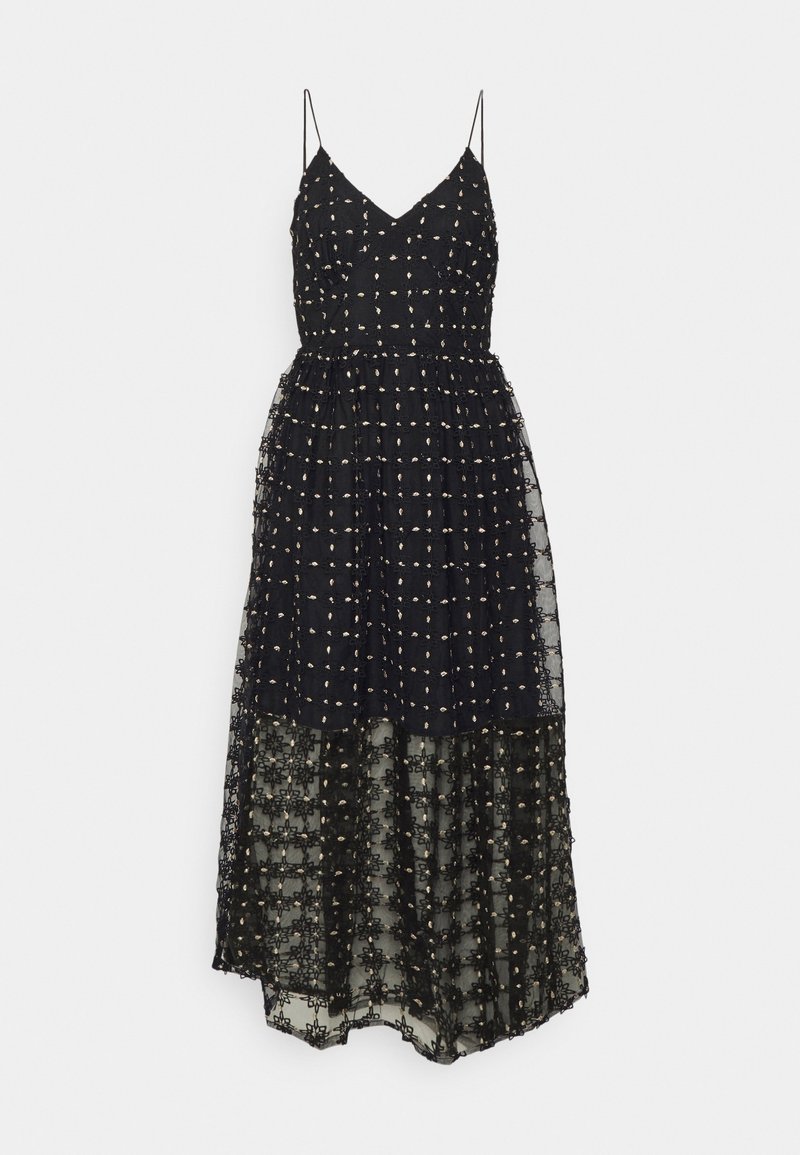 Robe midi noire sans manches avec fines bretelles, encolure en V et jupe transparente à volants présentant une broderie florale et de petits détails en points blancs.