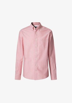 Rood en wit gestreept overhemd met lange mouwen en een button-down kraag, met een borstzak en knoopsluiting aan de voorkant.