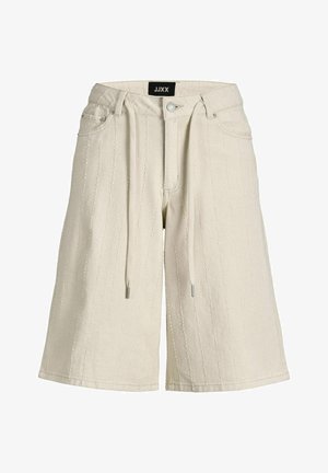 Bézs térdig érő rövidnadrág függőleges varrott csíkokkal, elöl gombbal, cipzárral, övbújtatókkal, húzózsinórokkal és oldalzsebekkel.