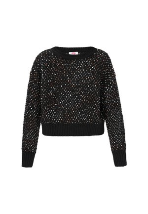 Maglione nero lavorato a maglia con vestibilità ampia, scollo rotondo e polsini a coste. Motivo testurizzato con schegge bianche e rame a contrasto.