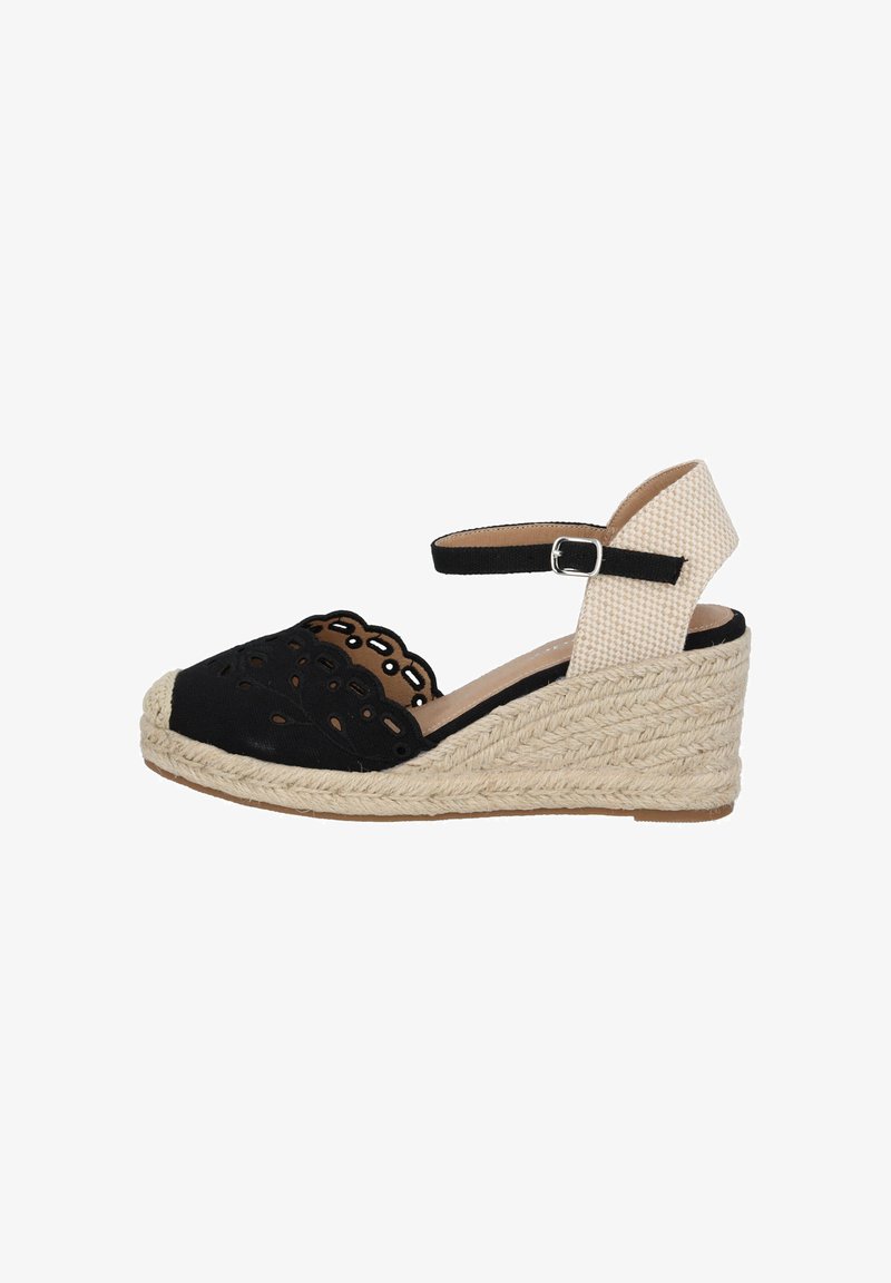 Sandalo wedge espadrille nero con design a intaglio, caratterizzato da una suola in juta intrecciata, cinturino alla caviglia e accentuazione in tessuto beige.