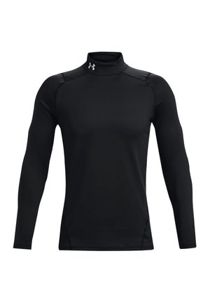 Schwarzes langärmeliges Kompressionsshirt mit hohem Kragen und kleinem weißen Logo am Hals, auf weißem Hintergrund dargestellt.