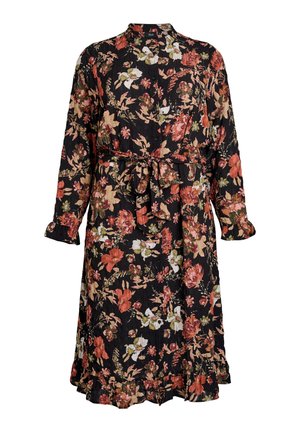 Bloemrijke jurk van knielengte met een zwarte achtergrond, versierd met helderrode, roze en groene bloemen, een hoge halslijn en een taille met riem.