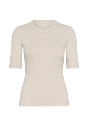 Haut à manches courtes en beige clair, avec un col rond et une silhouette ajustée. Fabriqué en tissu doux et texturé.