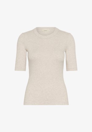 Kratka majica s kratkimi rokavi v svetlo bež barvi, z okroglim izrezom in oprijetim krojem. Narejena iz mehke, teksturirane tkanine.