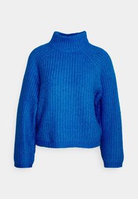 Blå stickad tröja med hög krage, raglanärmar och ett strukturerat mönster. Har en avslappnad passform och ribbade manschetter och nederkant.
