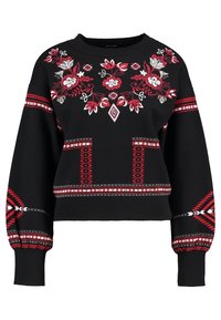 Czarny sweter z dzianiny z czerwonym i białym haftem w kwiaty oraz wzorami geometrycznymi. Krótki fason z prążkowanymi mankietami i dołem.
