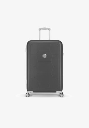 Hartsch suitcase in Dunkelgrau mit einer strukturierten geometrischen Musterung, ausziehbarem Griff und vier Rädern für Mobilität. Silbernes Logo-Detail.