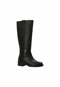 Zwarte leren kniehoge laarzen met een ronde neus, minimale stiksels en een kleine hak. Voorzien van een zijbanddetail voor extra flair.
