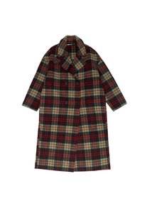 Abrigo largo cruzado con doble fila de botones y cuello ancho, con patrón de cuadros en rojo, verde y negro.