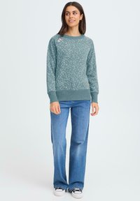 Heleroheline sinakashall dressipluus lillelise mustriga, soonikkoes varrukaservade ja äärega. Kombineeritud siniste lahvkuvate teksade ning valgete tossudega. Õlal kaks nuppu.