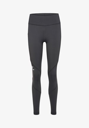 Zwarte sportlegging met een gladde textuur, hoge tailleband en contrasterende naden. Heeft een klein logo vlakbij het onderbeen.