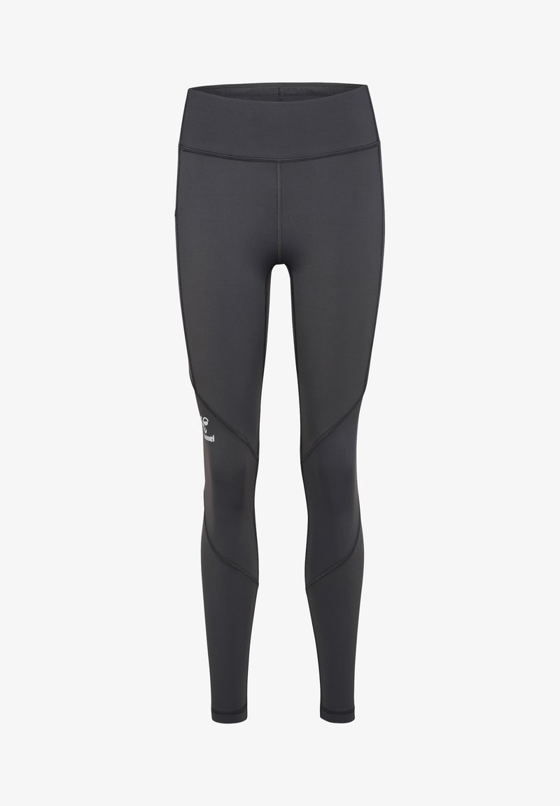 Svarta atletiska leggings med en slät yta, hög midja och kontrasterande sömmar. Innehåller en liten logotyp nära underbenet.