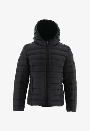 Black puffer jacket with a zip front, hood, and stitched panels. Features a logo on the left sleeve and ribbed cuffs. Smooth texture.