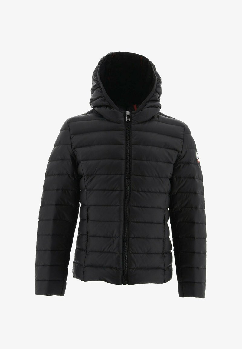 Zwarte pufferjack met een rits aan de voorkant, capuchon en gestikte panelen. Voorzien van een logo op de linkermouw en geribbelde manchetten. Glad textuur.