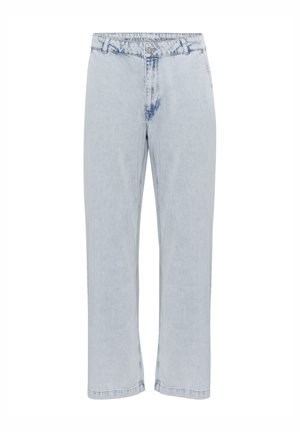 Light blue denim jeans with a straight leg design, featuring a conventional button and zipper fly, and a slightly distressed texture.