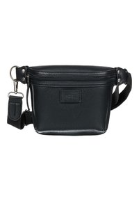 Sac bandoulière en cuir noir à finition texturée, fermeture éclair, sangle réglable et patch logo sur le devant.